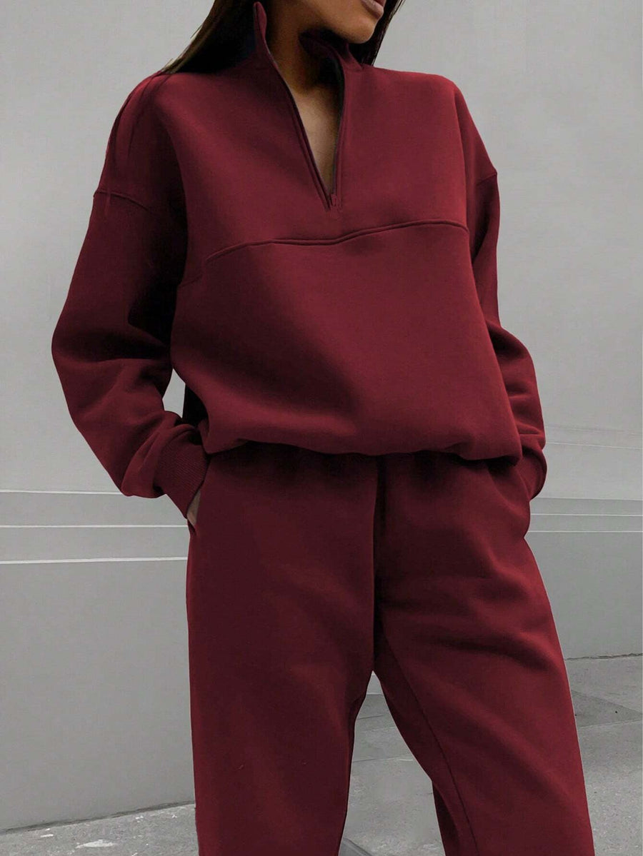 Damen Trainingsanzug Set mit Reißverschluss Stehkragen Sweatshirt und Jogginghose