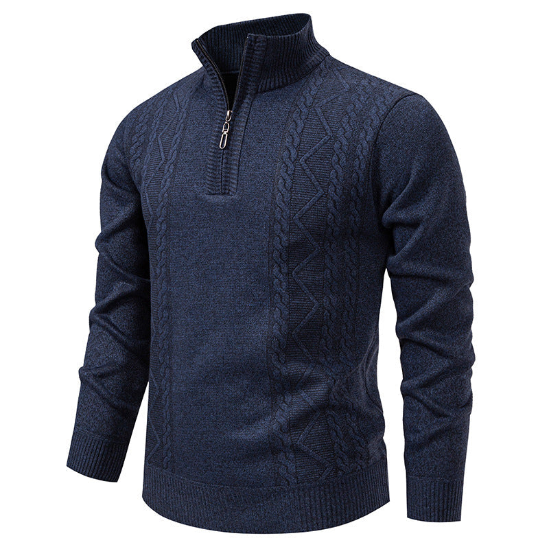Herren Strickpullover mit Zopfmuster, Stehkragen und Reißverschluss, Melange-Optik