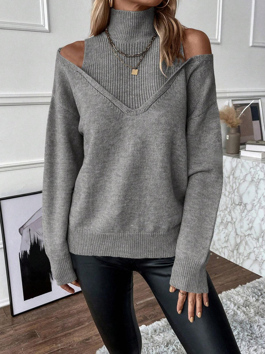 Dames trui beige, off-shoulder, V-hals, gebreide trui met coltrui-look