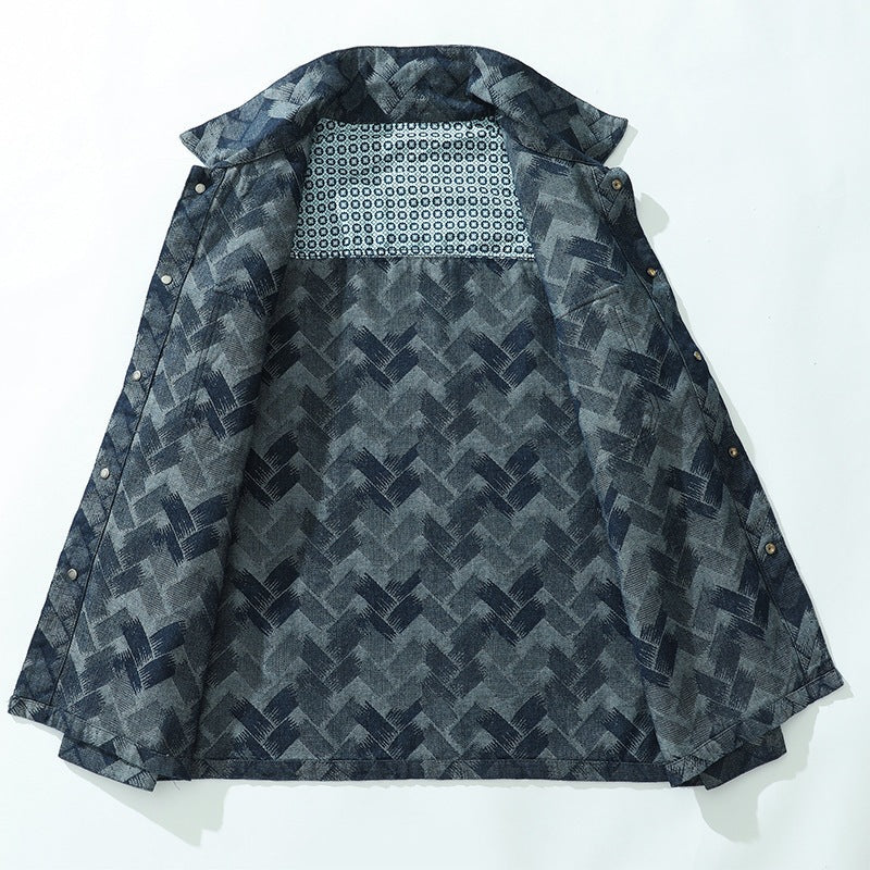 Heren casual overhemdjack in blauwe denimlook met patroon