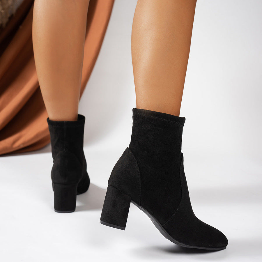 Damen Stiefeletten Schwarz Blockabsatz Quadratische Spitze