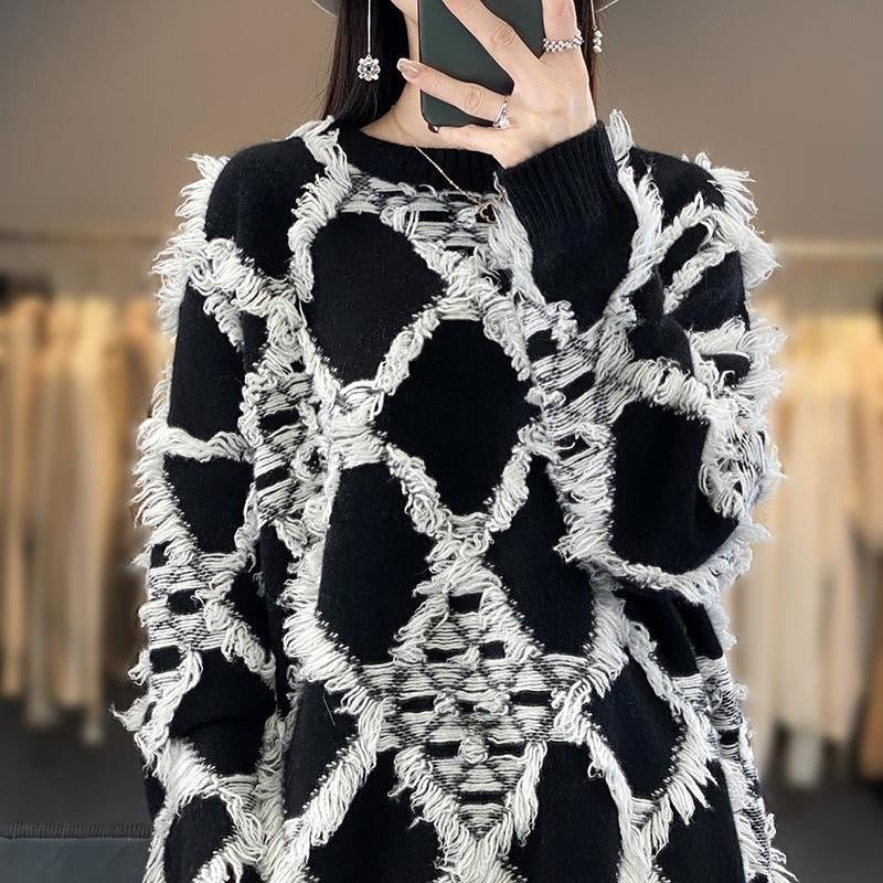 Damen Pullover Schwarz Weiß Langarm mit Fransenmuster Rundhals
