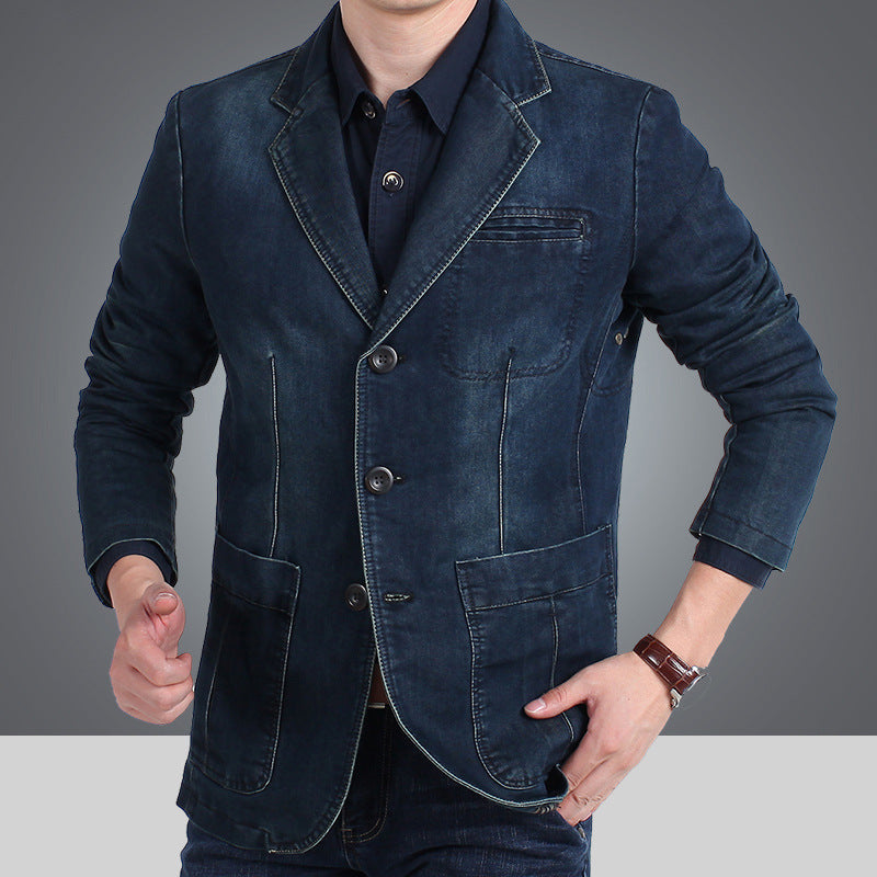 Herren Jeans Sakko Dunkelblau Hellblau Freizeit-Blazer mit Knöpfen
