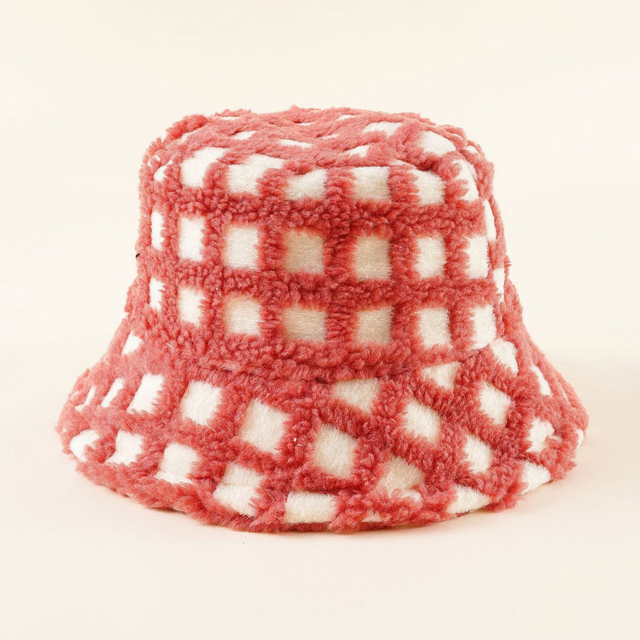 Kleurrijke teddyfleece-bucket hat met ruitpatroon