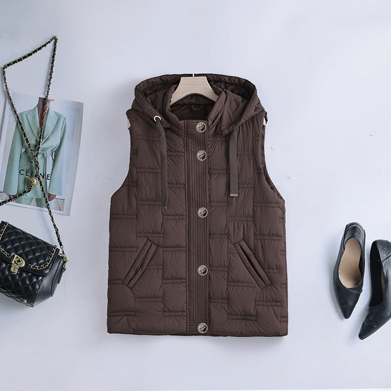 Damesbodywarmer met capuchon, knoopsluiting en zakken
