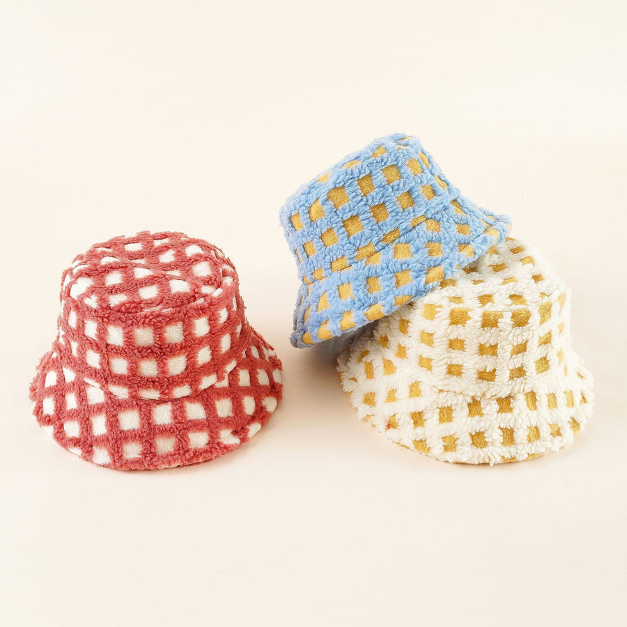 Kleurrijke teddyfleece-bucket hat met ruitpatroon