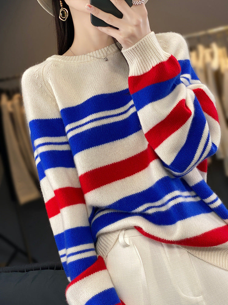 Damen Oversize Strickpullover Gestreift Rundhals Mehrfarbig