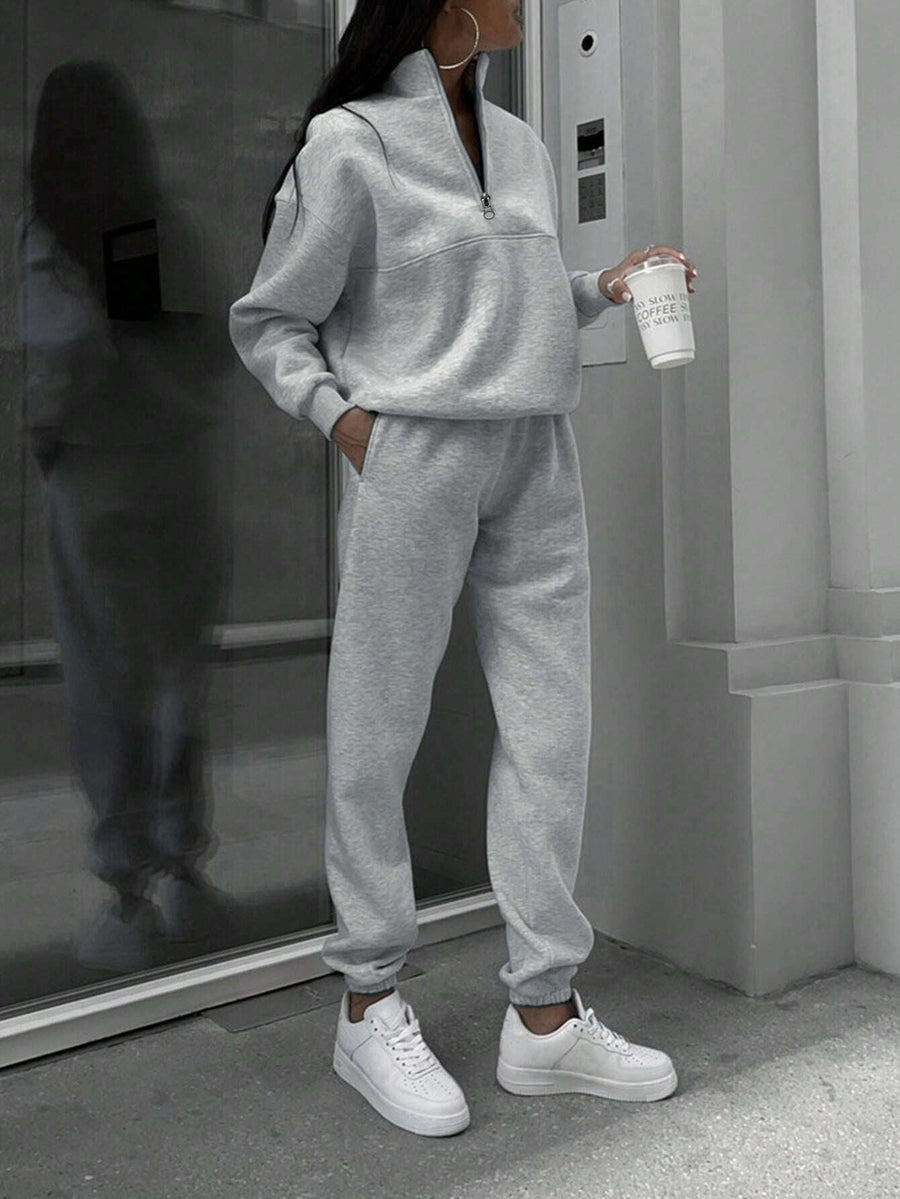 Damen Trainingsanzug Set mit Reißverschluss Stehkragen Sweatshirt und Jogginghose