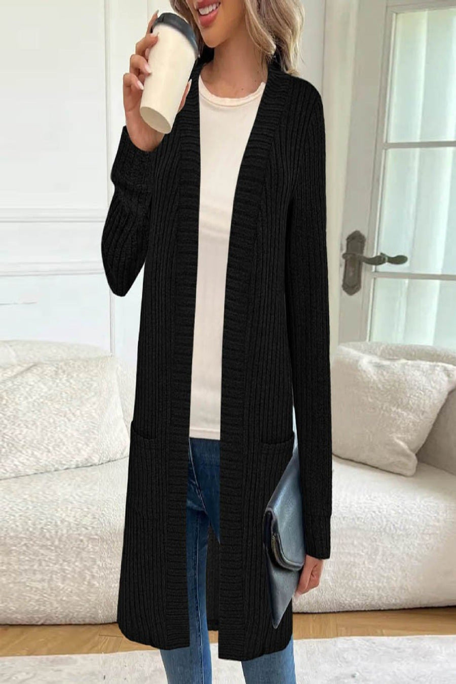Damen Langstrickjacke Rippstrick Offen mit Taschen