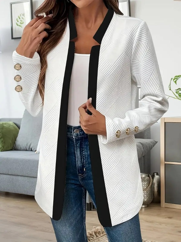 Lange damesblazer met contrasterende revers en sierknopen