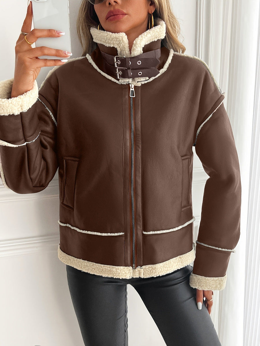 Damen Aviator Jacke mit Lammfell-Imitat und Schnallenkragen