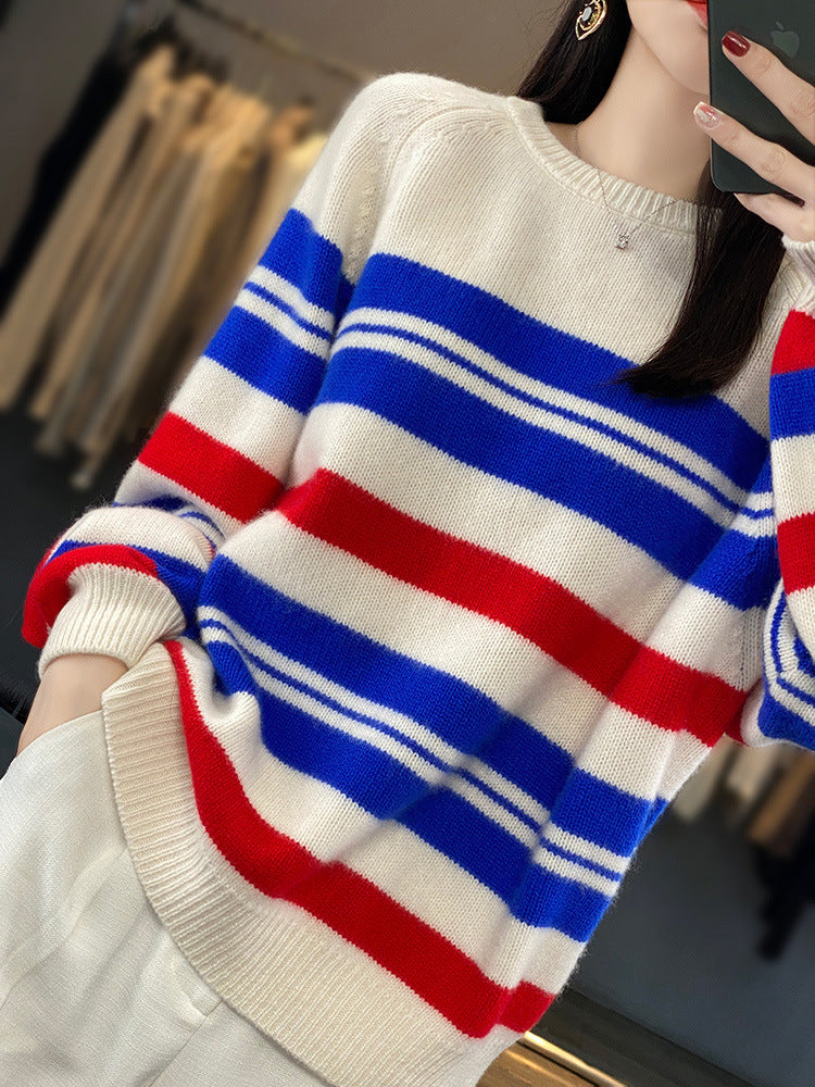 Damen Oversize Strickpullover Gestreift Rundhals Mehrfarbig