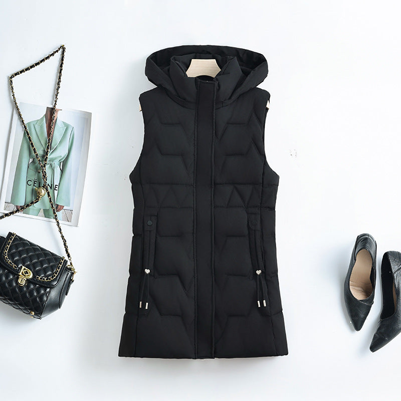 Gewatteerde damesbodywarmer met capuchon en ritssluiting, lang model
