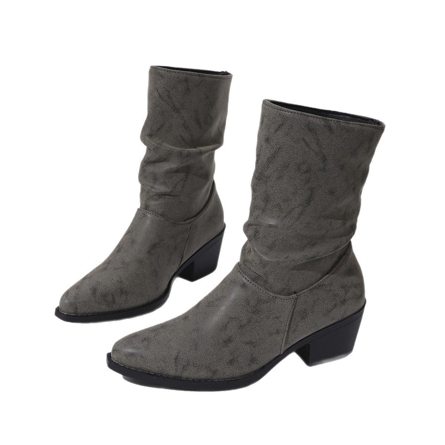 Damen Stiefeletten mit Blockabsatz, spitzer Zehenkappe und gerafftem Schaft