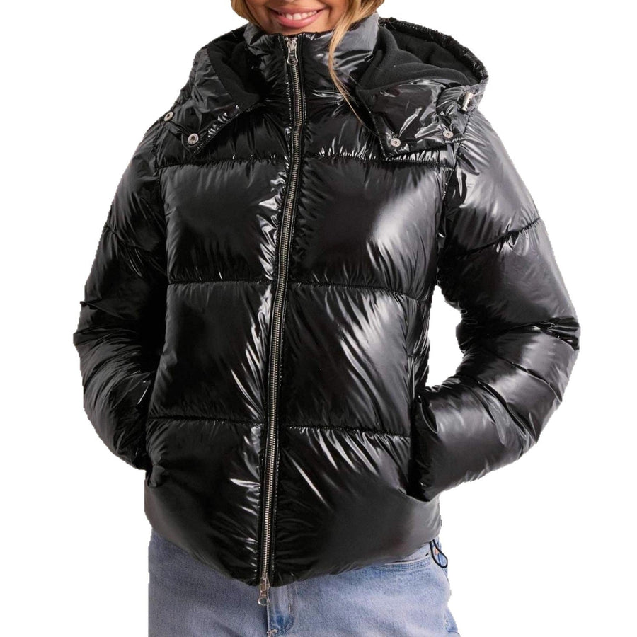 Glänzende Steppjacke mit Kapuze für Damen