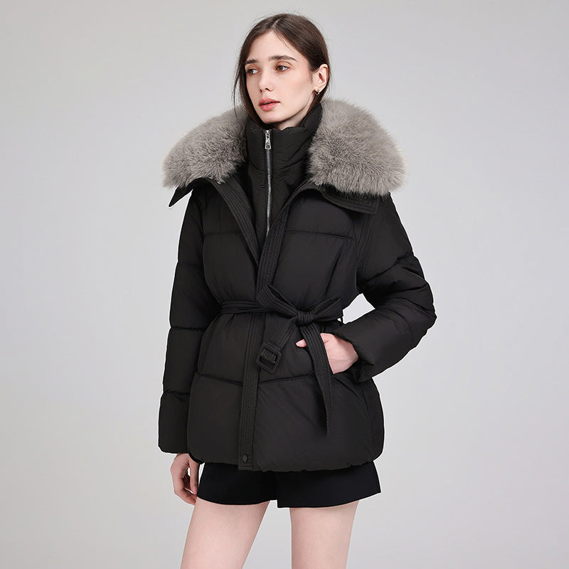 Damen Steppjacke mit Taillengürtel und Kunstfellkragen