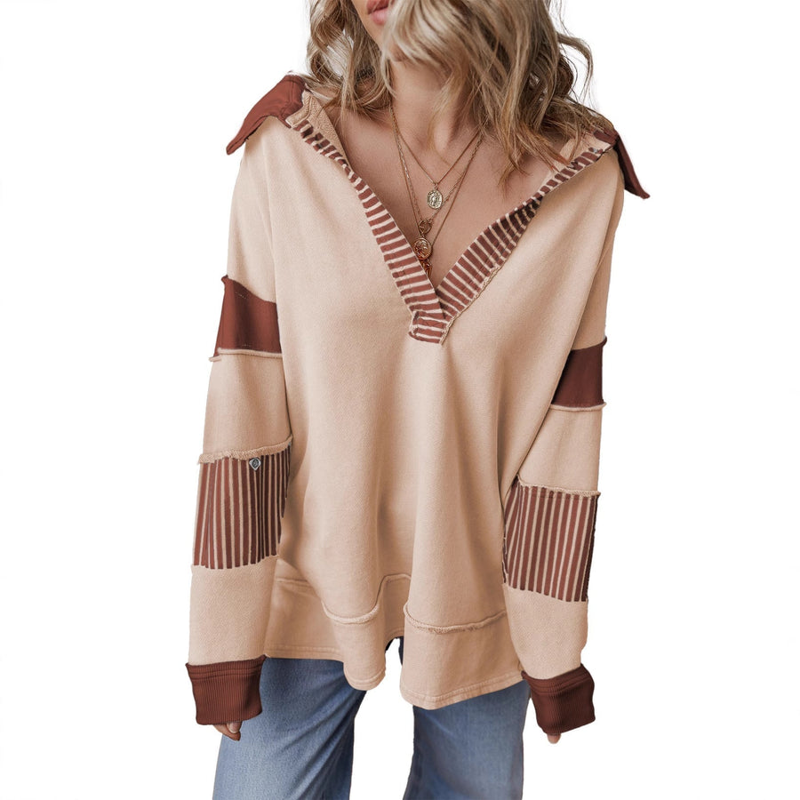 Dames oversized hoodie met capuchon, contrasterende strepen, V-hals en lange mouwen