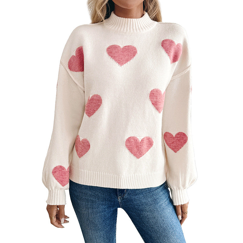 Damen Strickpullover Herzmuster Cremefarben