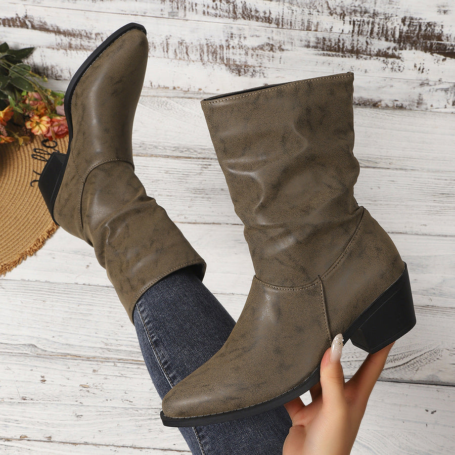 Damen Stiefeletten mit Blockabsatz, spitzer Zehenkappe und gerafftem Schaft