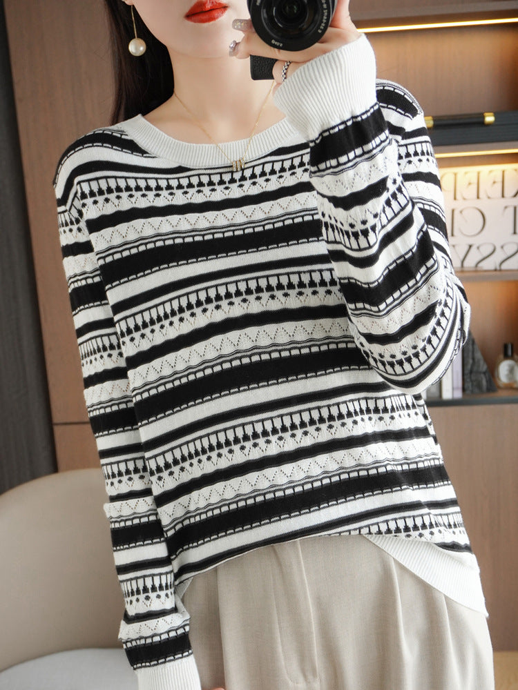 Damen Pullover Schwarz-Weiß gestreift Strickware Lochmuster