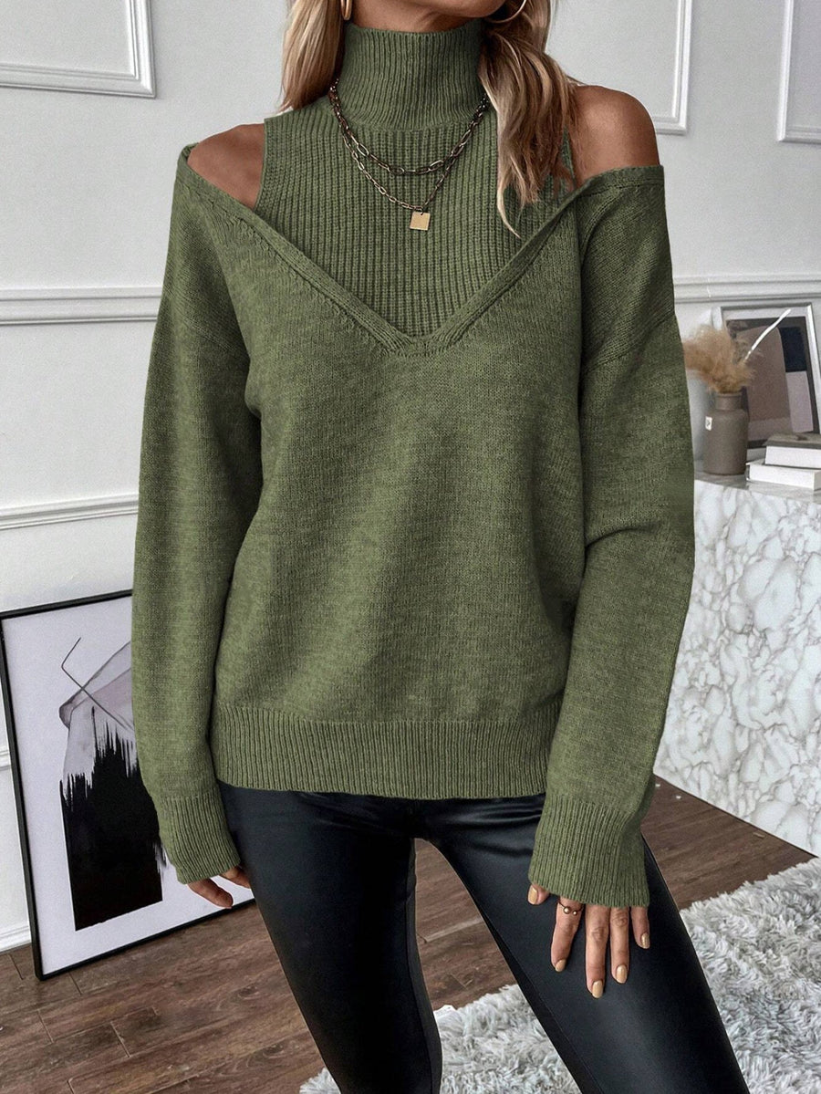 Dames trui beige, off-shoulder, V-hals, gebreide trui met coltrui-look