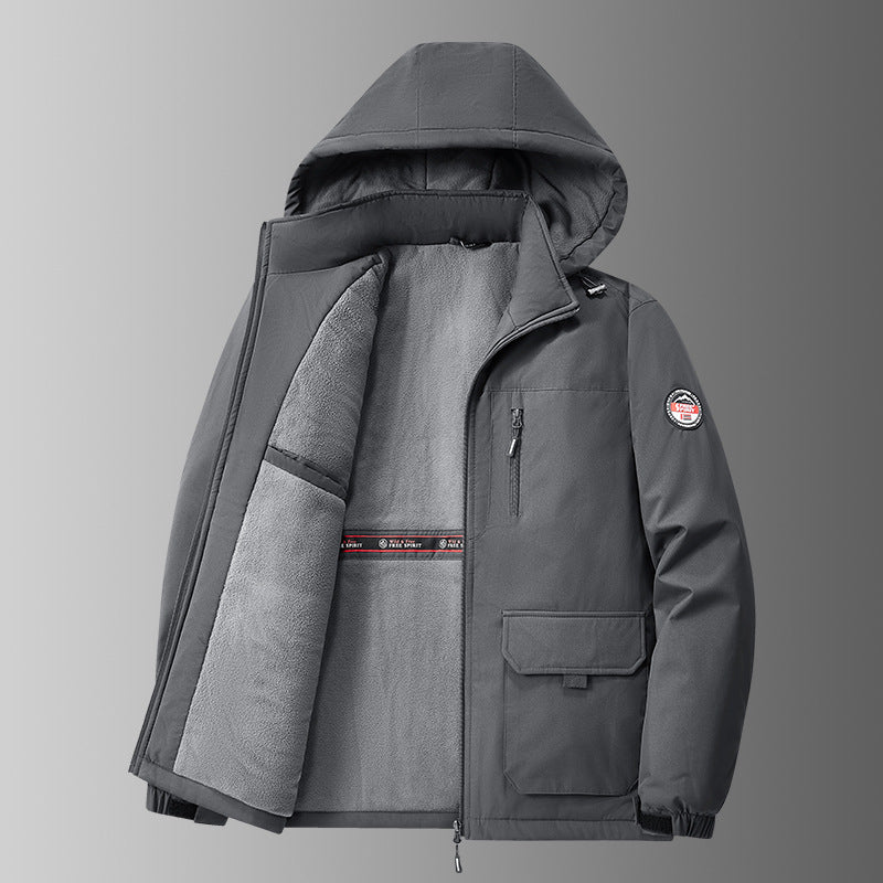 Herren Winterjacke mit Kapuze, Reißverschluss & aufgesetzten Taschen, Fleecefutter