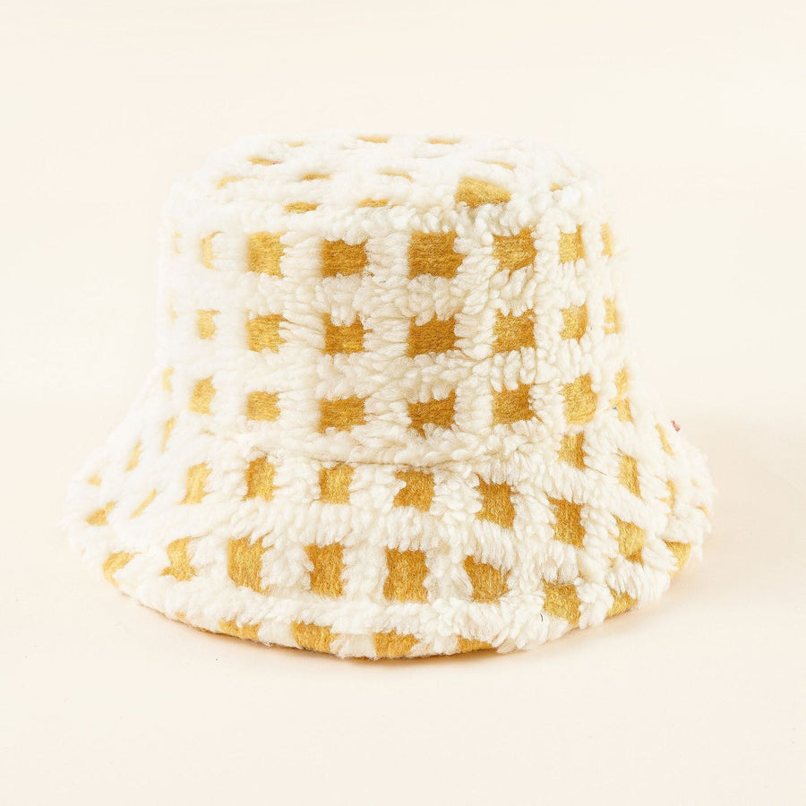 Kleurrijke teddyfleece-bucket hat met ruitpatroon