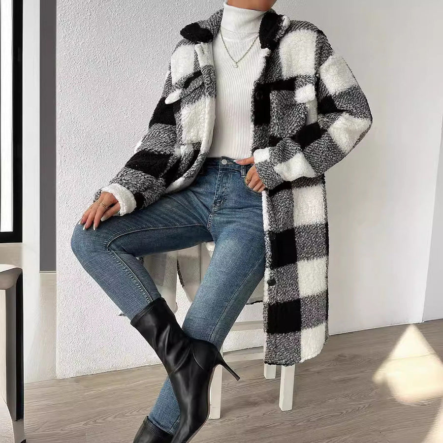 Langer Karo Shacket Teddy Mantel mit Knopfleiste & Kragen für Damen