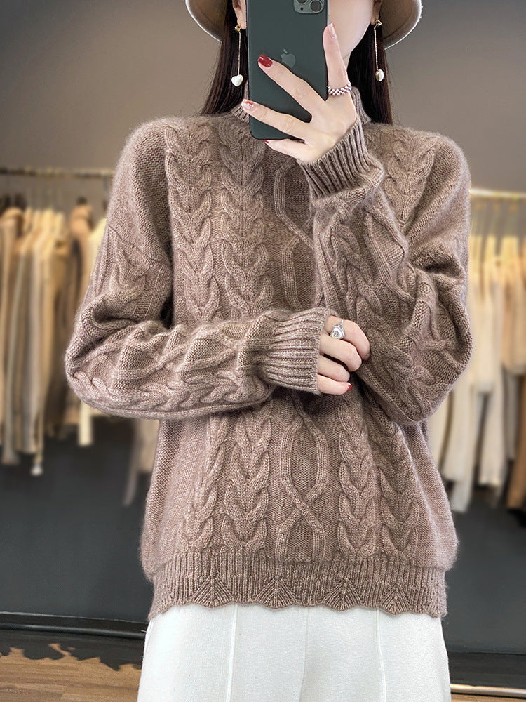 Damen Grobstrick Pullover Zopfmuster Rundhals Beigefarben