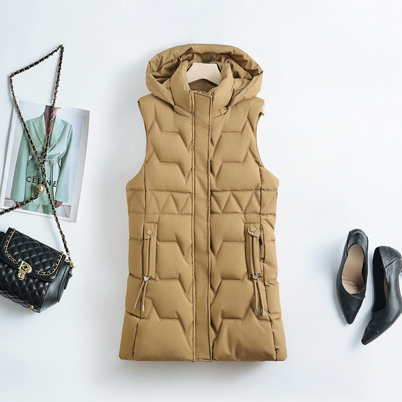 Gewatteerde damesbodywarmer met capuchon en ritssluiting, lang model