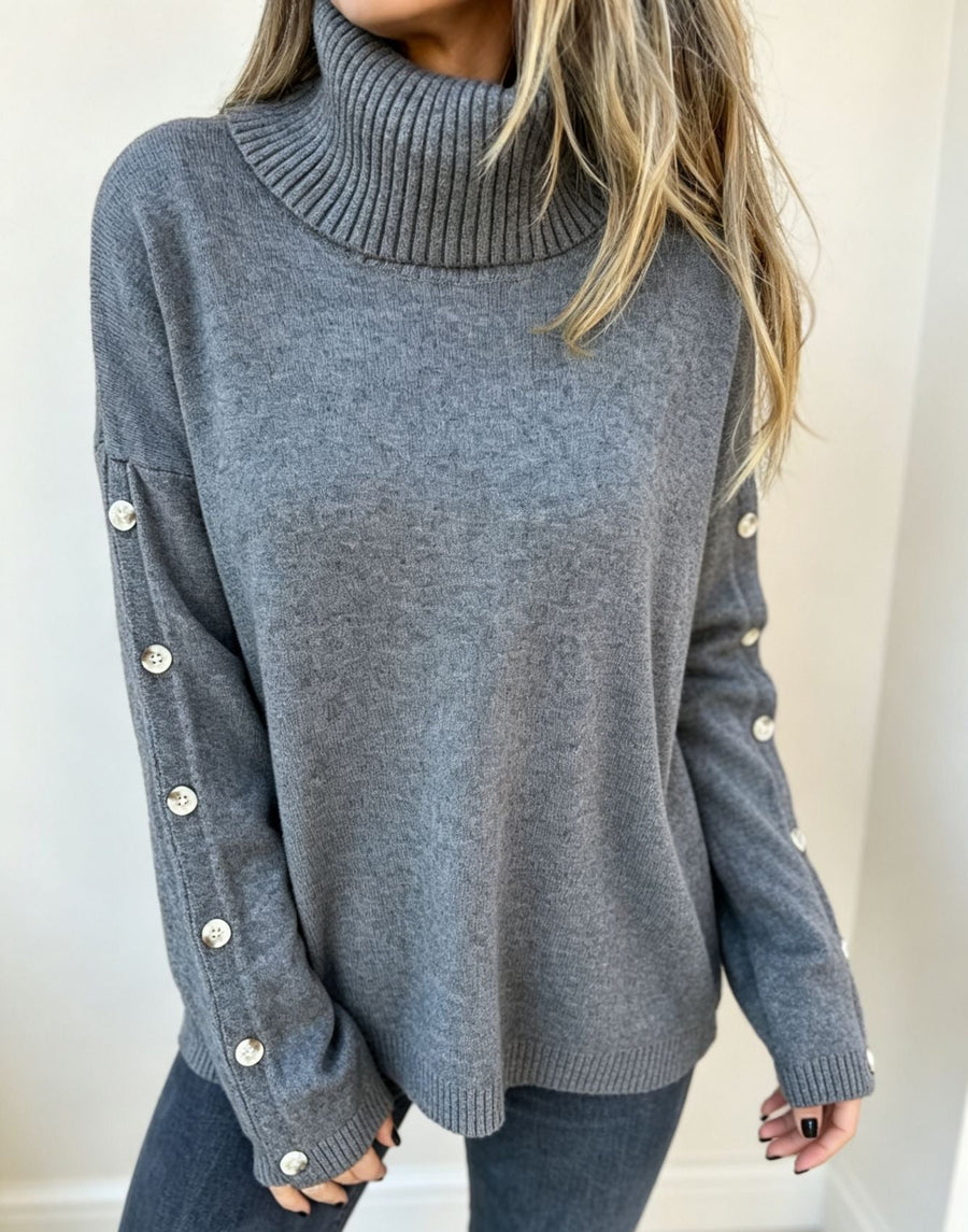 Rollkragenpullover Damen mit Knopfleiste an den Ärmeln