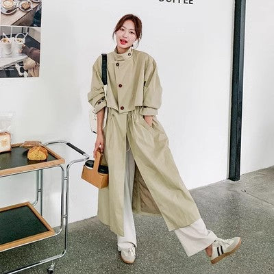 Damen Langer Trenchcoat Beige Leichter Übergangsmantel