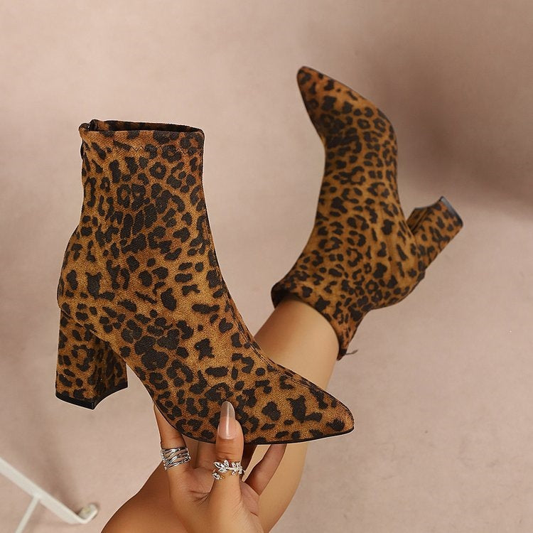 Damen Stiefeletten Spitz Schwarz Leopard Aprikose Blockabsatz