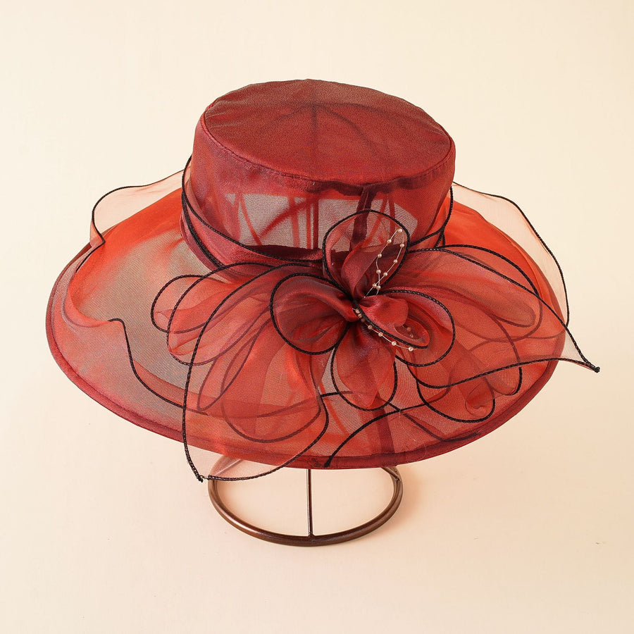 Damen eleganter Organza Hut mit breiter Krempe und Blumen-Applikation