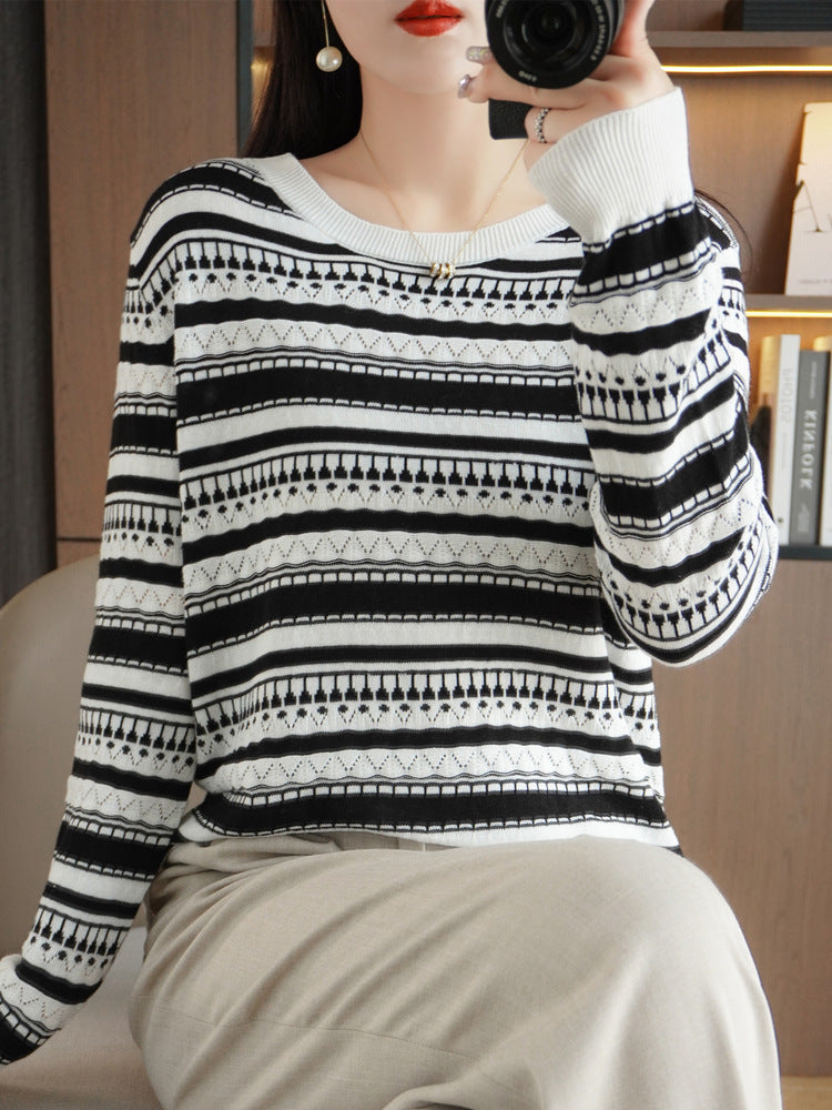 Damen Pullover Schwarz-Weiß gestreift Strickware Lochmuster
