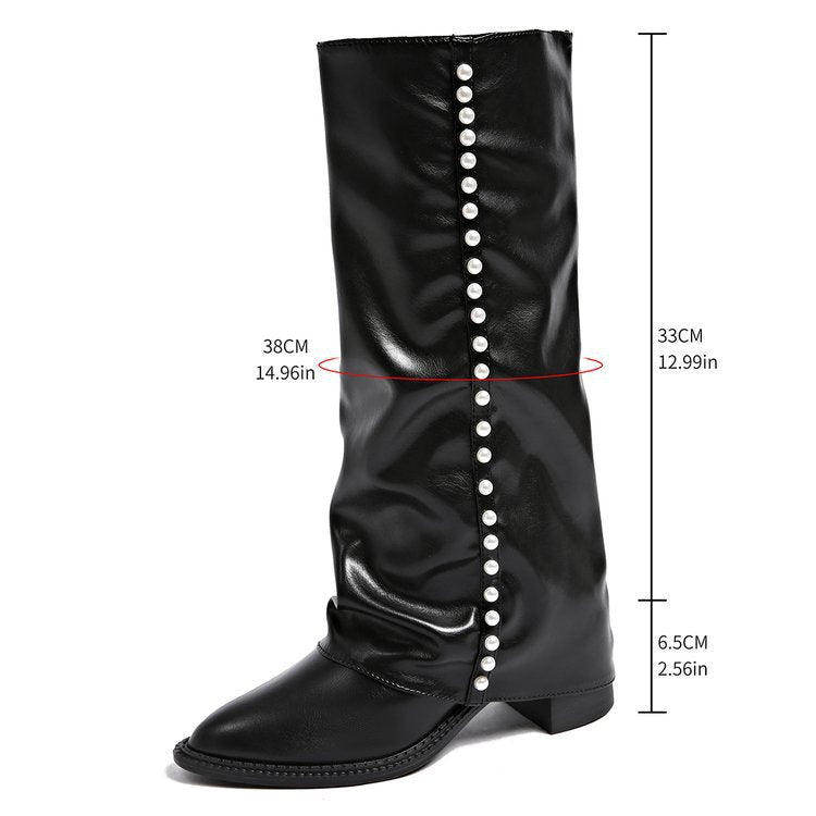Damen Slouch Stiefel mit Perlenverzierung, spitzer Zehe und niedrigem Absatz