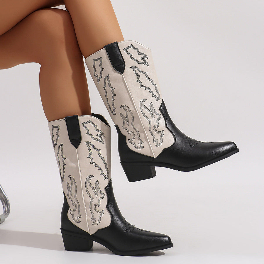 Damescowboylaarzen in tweekleurige look met borduursel, westernlaarzen