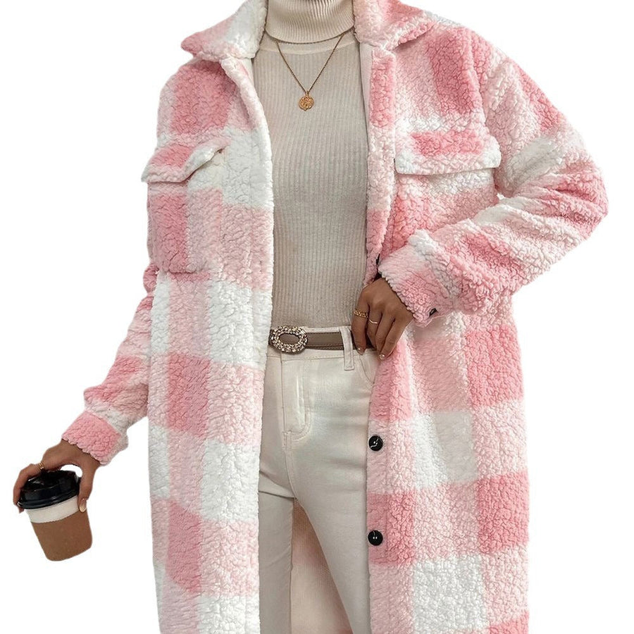 Langer Karo Shacket Teddy Mantel mit Knopfleiste & Kragen für Damen