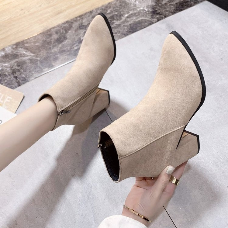 Damen Stiefeletten Blockabsatz Spitz Zehe Reißverschluss