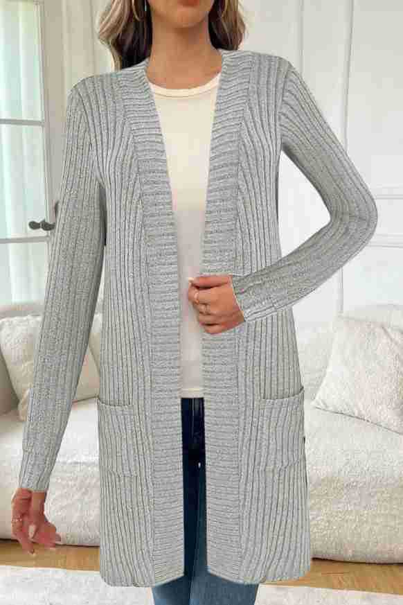 Damen Langstrickjacke Rippstrick Offen mit Taschen