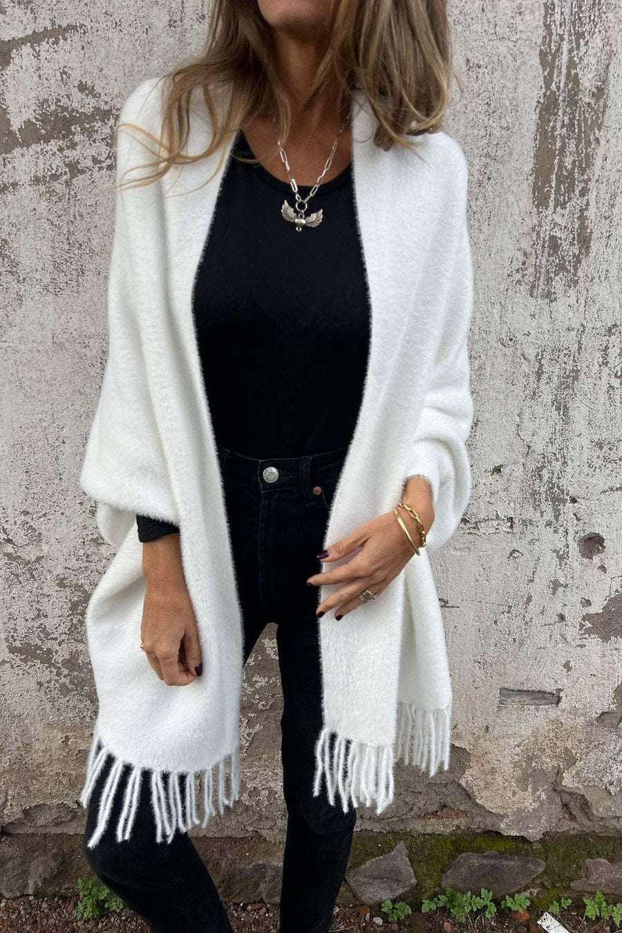 Cardigan Damen Fransen Strickjacke Flauschig Offen
