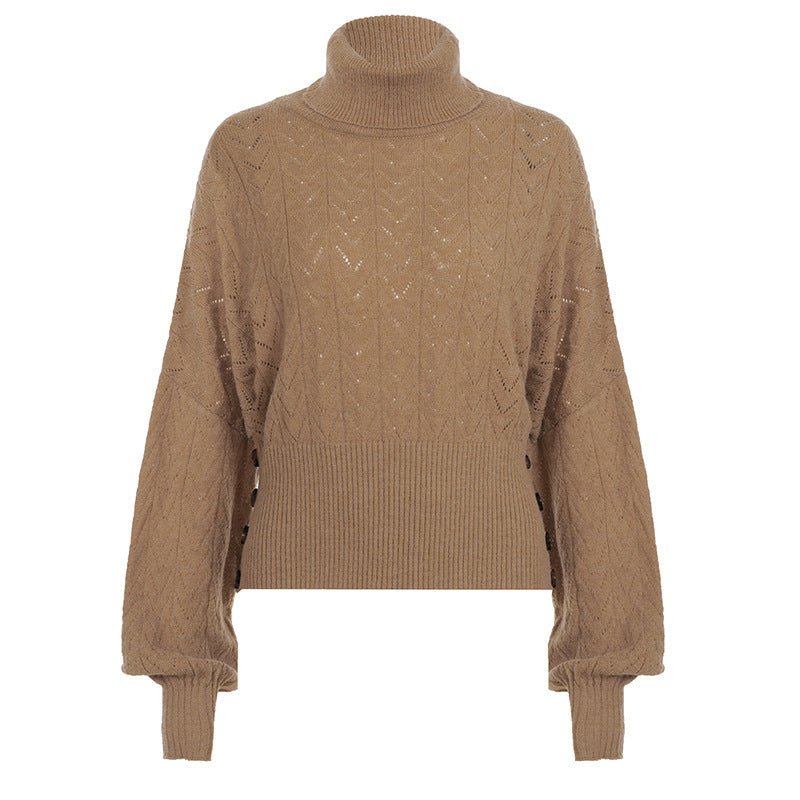 Kurzer Strickpullover Damen Rollkragen Khaki mit Lochmuster und Ballonärmeln