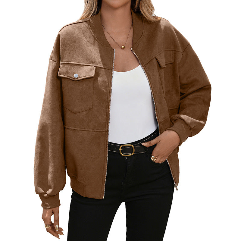 Braune Damen Bomberjacke mit Reißverschluss und Pattentaschen