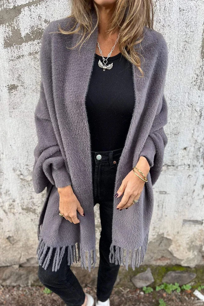 Cardigan Damen Fransen Strickjacke Flauschig Offen