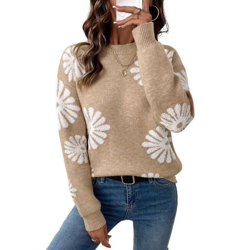 Damen Rundhals Strickpullover Beige mit weißen Blumenmuster