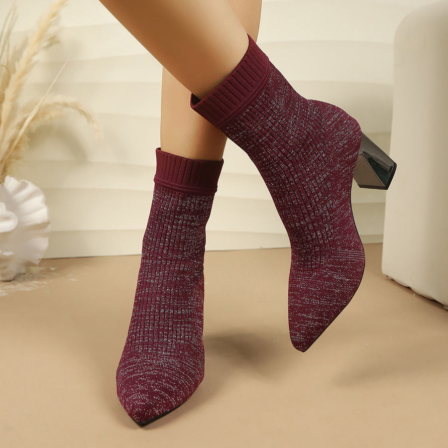 Damen Stricke Stiefelette mit Blockabsatz und spitzer Zehenpartie