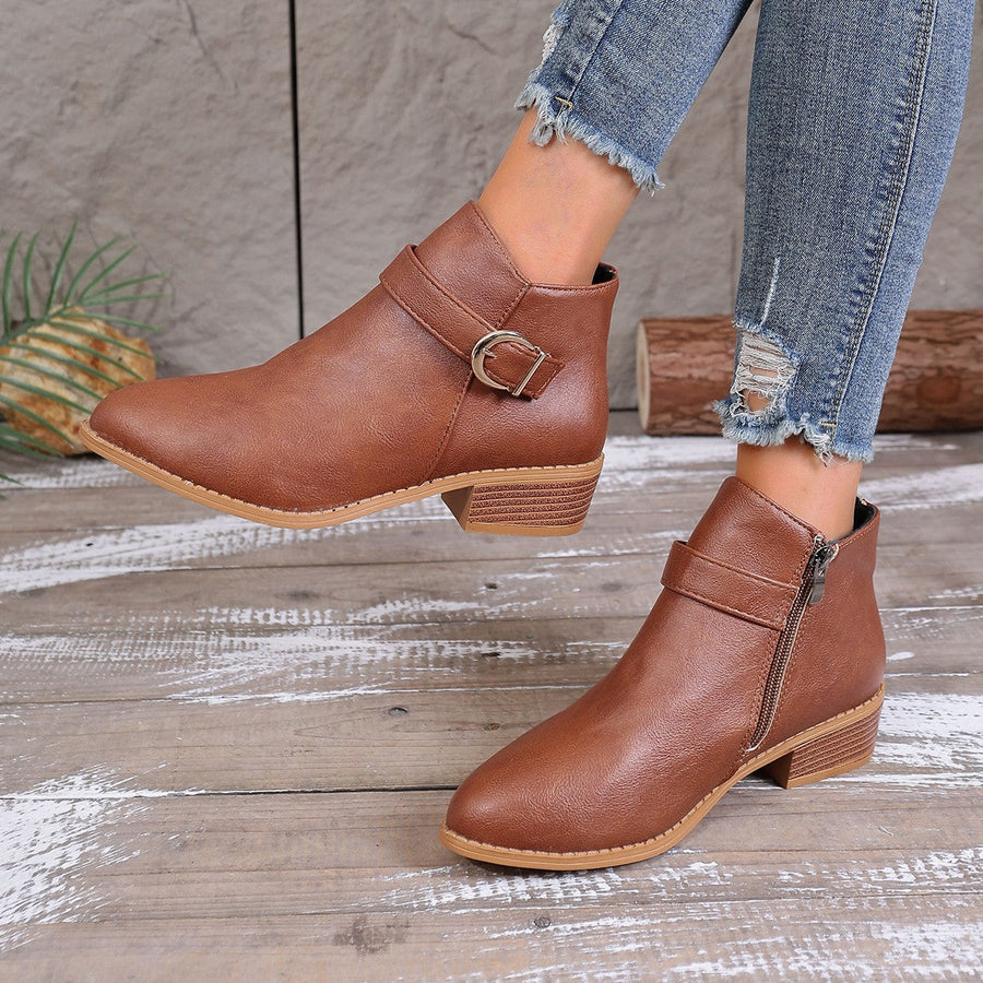 Damen Stiefeletten mit Schnalle & Reißverschluss, flacher Absatz