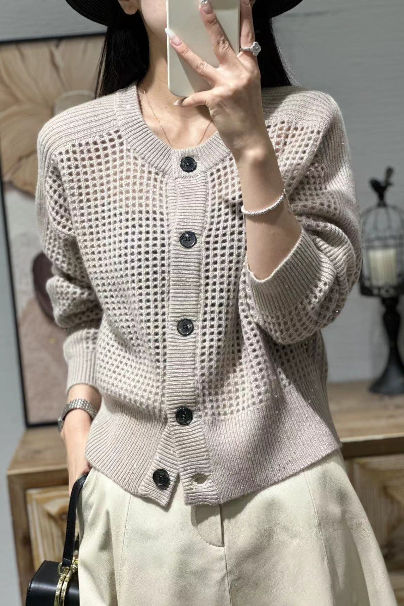 Damen Strickjacke mit Rundhals und Lochmuster, geknöpft