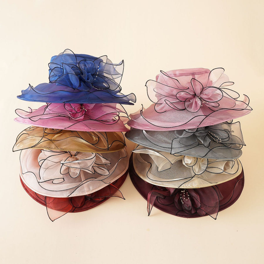 Damen eleganter Organza Hut mit breiter Krempe und Blumen-Applikation