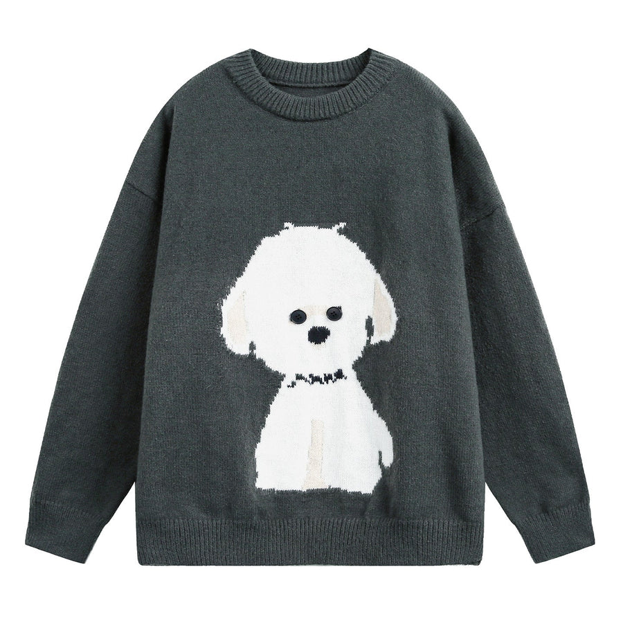 Unisex Strickpullover mit Rundhalsausschnitt und Hundemotiv